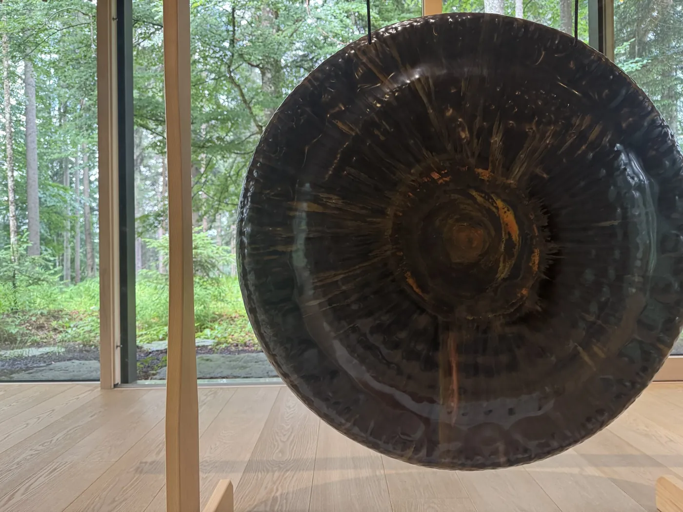Großer Gong vor der Waldkulisse hinter Glas