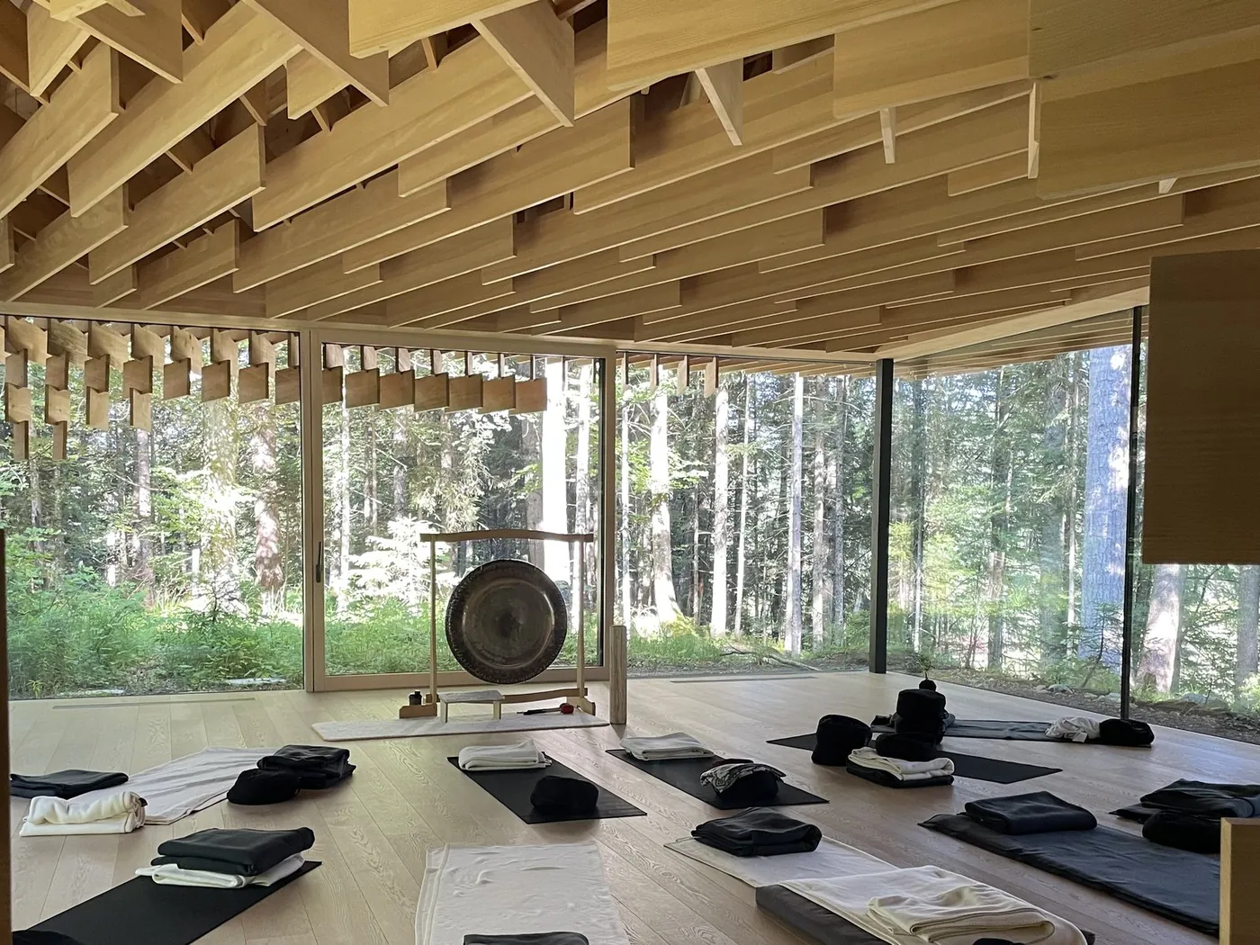 Trainingsraum aus Holz und Glas mit Gong und ausgelegten Matten, Blick in den Wald