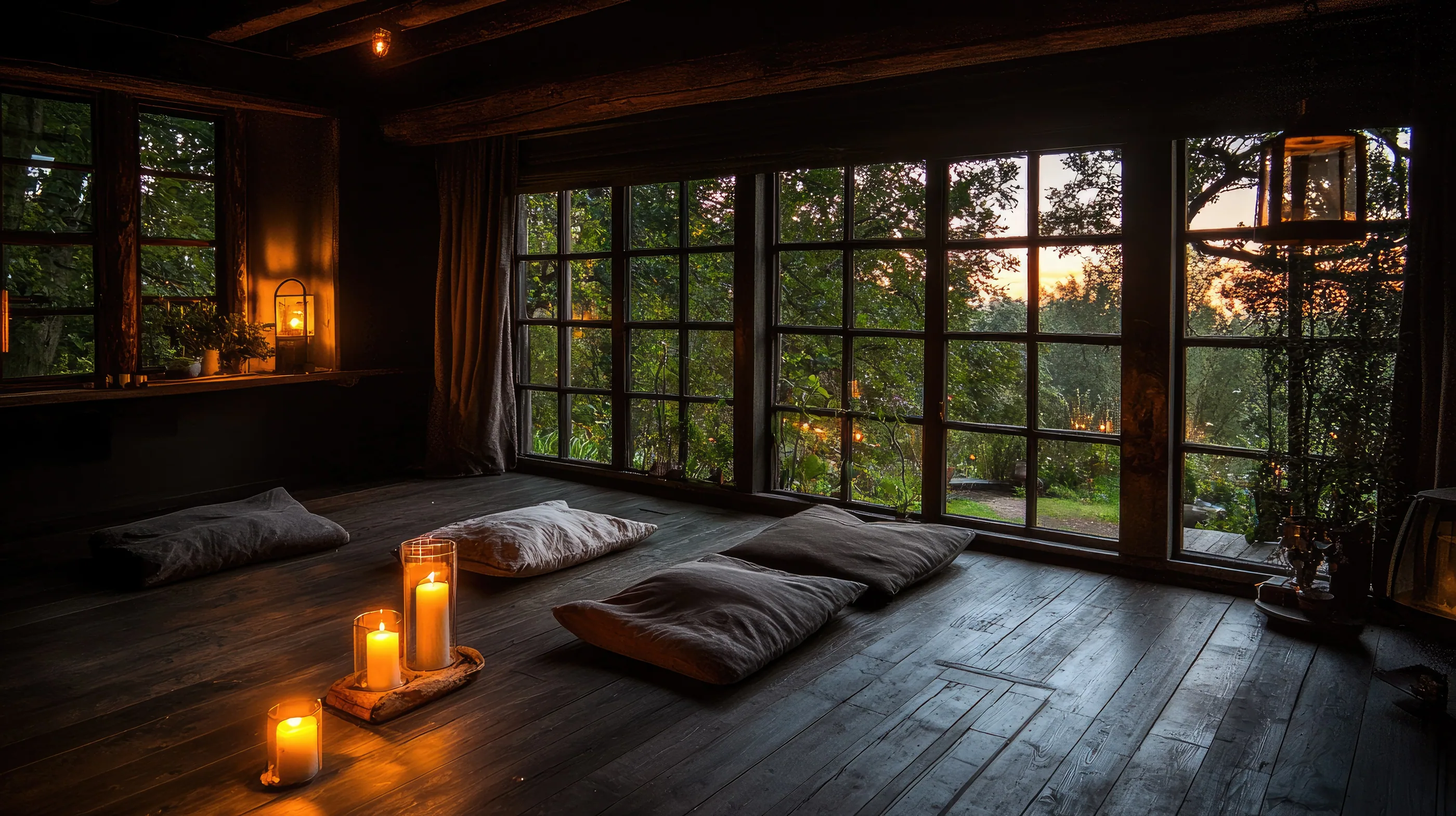 Abendlicher Holzraum mit großer Fensterfront, Kissen und Kerzen auf dem Boden
