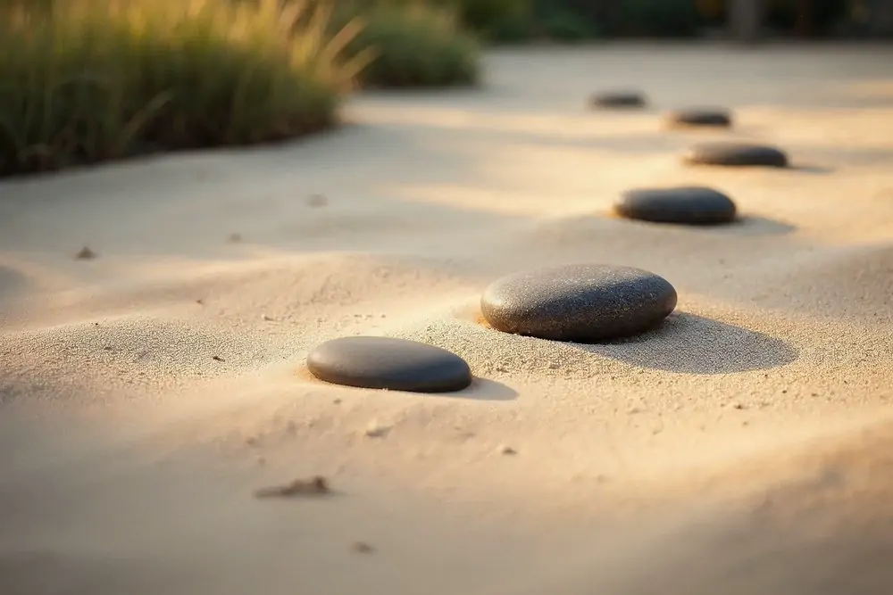 Flache dunkle Steine liegen in feinem Sand im warmen Abendlicht