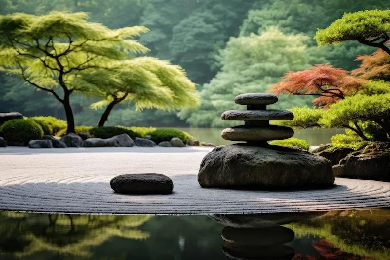 Ruhiger Zen-Garten mit gestapelten Steinen als Sinnbild für innere Ruhe