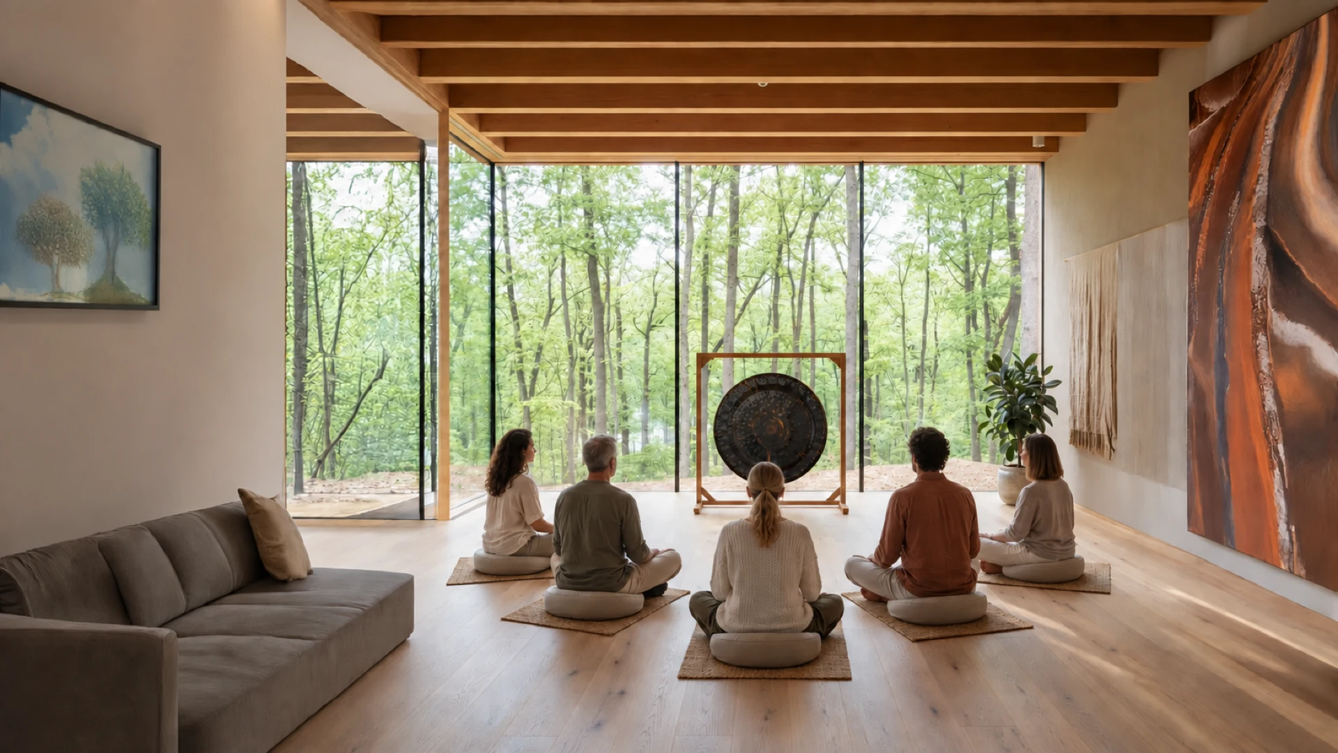 Heller Holzraum mit großer Glasfront zum Wald, fünf Teilnehmende sitzen auf Kissen einem Gong zugewandt