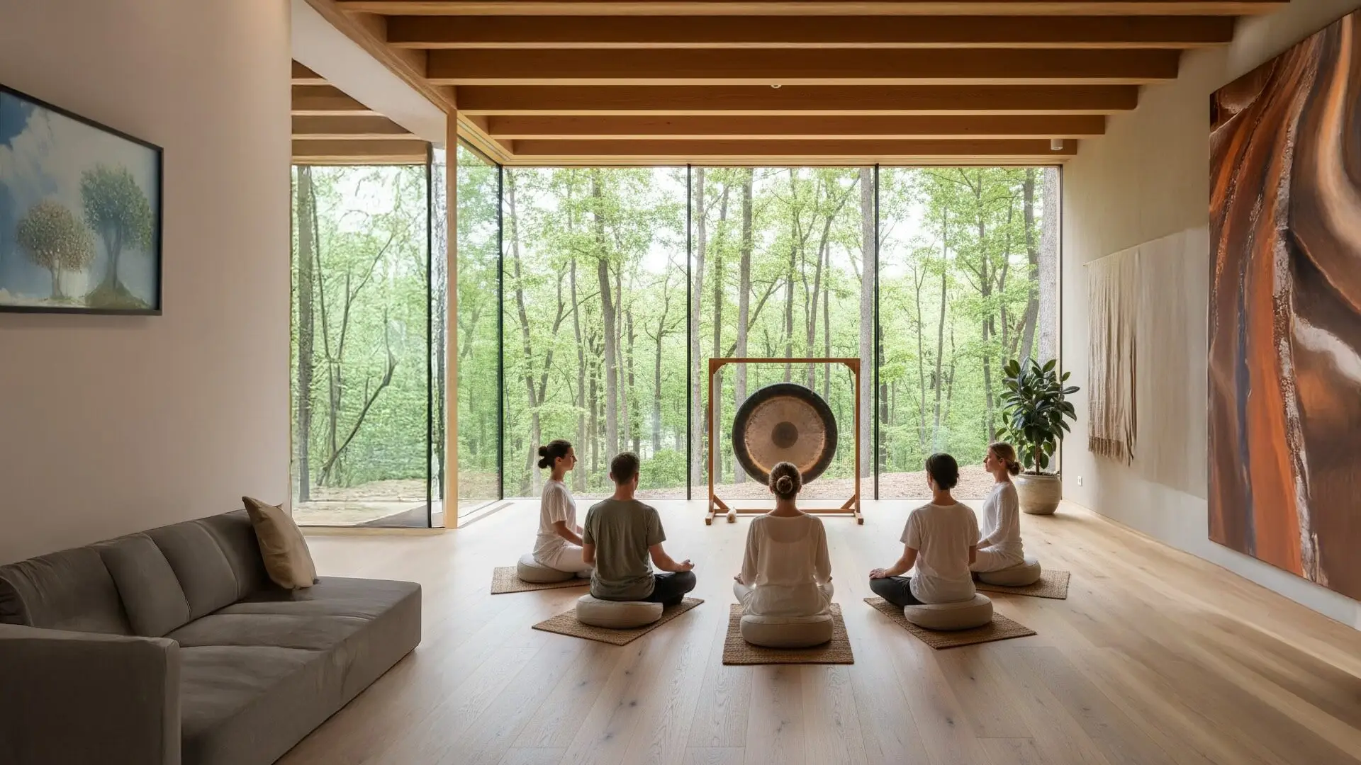 Gong-Training für ein Team in einem hellen Holzraum mit Blick in den Wald